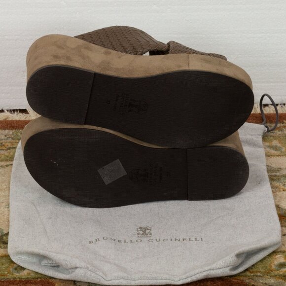 $1550 BRUNELLO CUCINELLI WOVEN LEATHER BROWN PLATFORM SANDALS WITH MONILI 37 - Picture 10 of 10